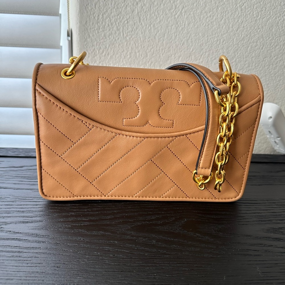 TORY BURCH Alexa Shoulder Bag Aged Vachetta Leather; Camel with Gold Hardware.